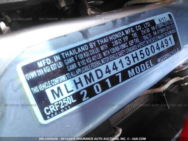 MLHMD4413H5004491 - 2017 HONDA CRF250 L/RL RED photo 10