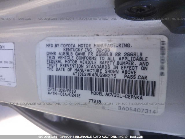 4T1BE32K43U698275 - 2003 TOYOTA CAMRY LE/XLE/SE 银色 照片 9