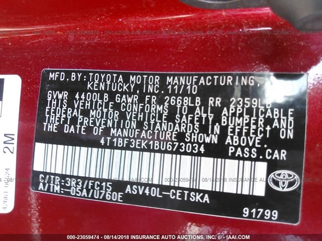 4T1BF3EK1BU673034 - 2011 TOYOTA CAMRY SE/LE/XLE RED photo 9