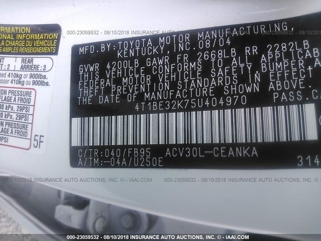 4T1BE32K75U404970 - 2005 TOYOTA CAMRY LE/XLE/SE Ağ foto 9