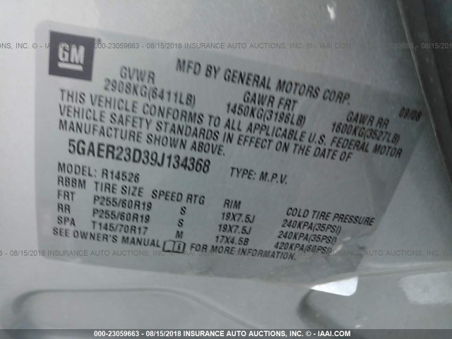 5GAER23D39J134368 - 2009 BUICK ENCLAVE CXL Gris photo 9