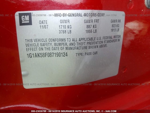 1G1AK58F087190124 - 2008 CHEVROLET COBALT LS RED photo 9