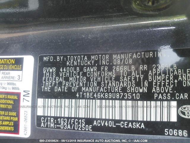 4T1BE46K89U873510 - 2009 TOYOTA CAMRY SE/LE/XLE ნაცრისფერი ფოტო 9