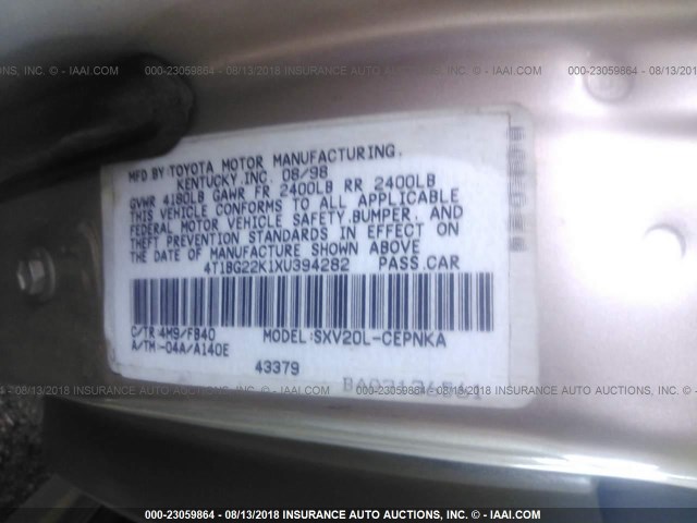 4T1BG22K1XU394282 - 1999 TOYOTA CAMRY CE/LE/XLE 米色 照片 9