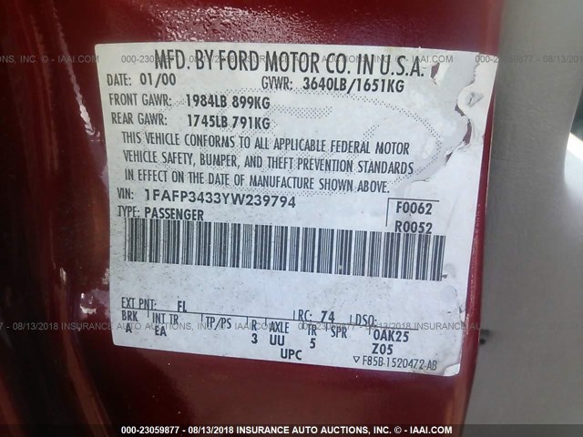 1FAFP3433YW239794 - 2000 FORD FOCUS SE/SE SPORT RED photo 9