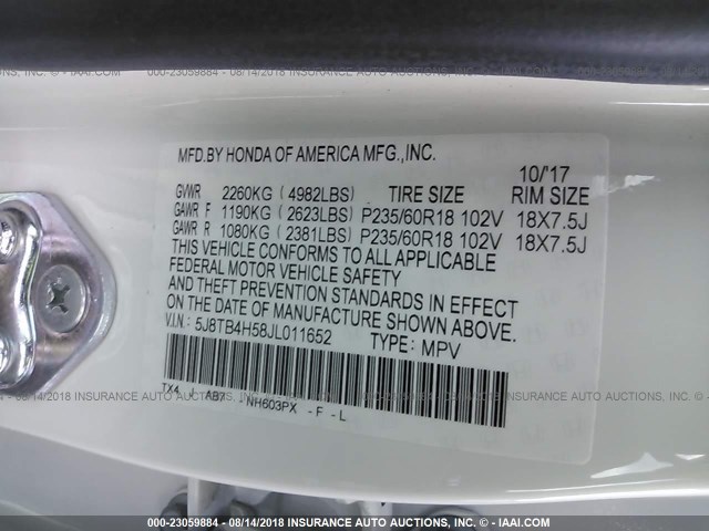 5J8TB4H58JL011652 - 2018 ACURA RDX TECHNOLOGY WHITE photo 9