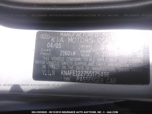 KNAFE122755175496 - 2005 KIA NEW SPECTRA LX/EX SILVER photo 9