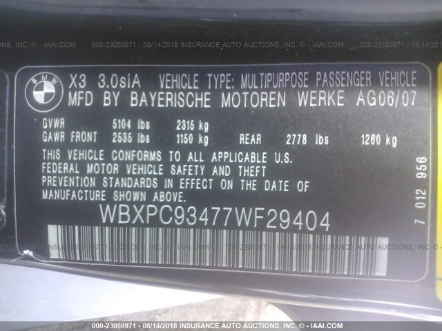 WBXPC93477WF29404 - 2007 BMW X3 3.0SI BLACK photo 9