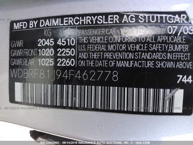 WDBRF81J94F462778 - 2004 MERCEDES-BENZ C 240 4MATIC SILVER photo 9