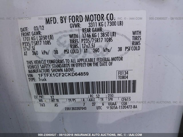 1FTFX1CF2CKD64859 - 2012 FORD F150 SUPER CAB WHITE photo 9