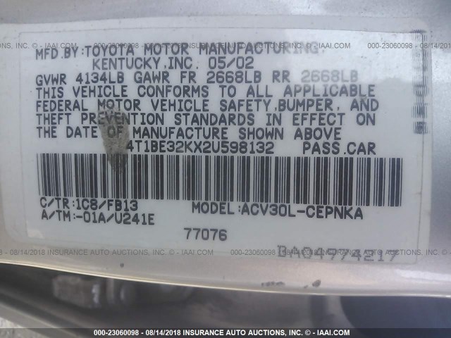 4T1BE32KX2U598132 - 2002 TOYOTA CAMRY LE/XLE/SE 银色 照片 9