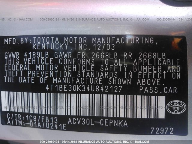 4T1BE30K34U842127 - 2004 TOYOTA CAMRY LE/XLE/SE Gümüş foto 9