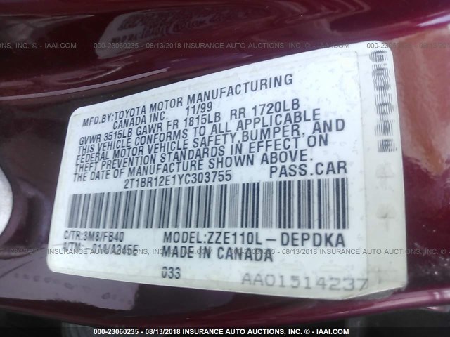 2T1BR12E1YC303755 - 2000 TOYOTA COROLLA VE/CE/LE MAROON photo 9