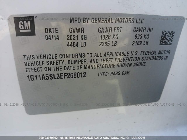 1G11A5SL3EF268012 - 2014 CHEVROLET MALIBU LS თეთრი ფოტო 9