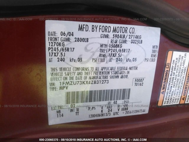 1FMZU73KX4ZB31273 - 2004 FORD EXPLORER XLT/XLT SPORT/NBX 栗色 照片 9