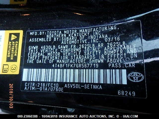 4T4BF1FK7GR567719 - 2016 TOYOTA CAMRY LE/XLE/SE/XSE BLACK photo 9