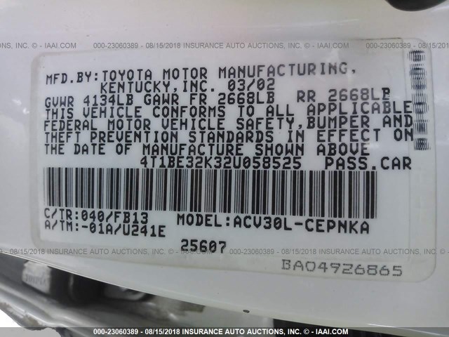 4T1BE32K32U058525 - 2002 TOYOTA CAMRY LE/XLE/SE Ağ foto 9