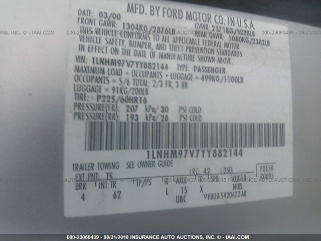 1LNHM97V7YY882144 - 2000 LINCOLN CONTINENTAL  Күміс фото 9