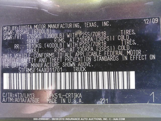 5TFRM5F14AX011701 - 2010 TOYOTA TUNDRA DOUBLE CAB SR5 GRAY photo 9