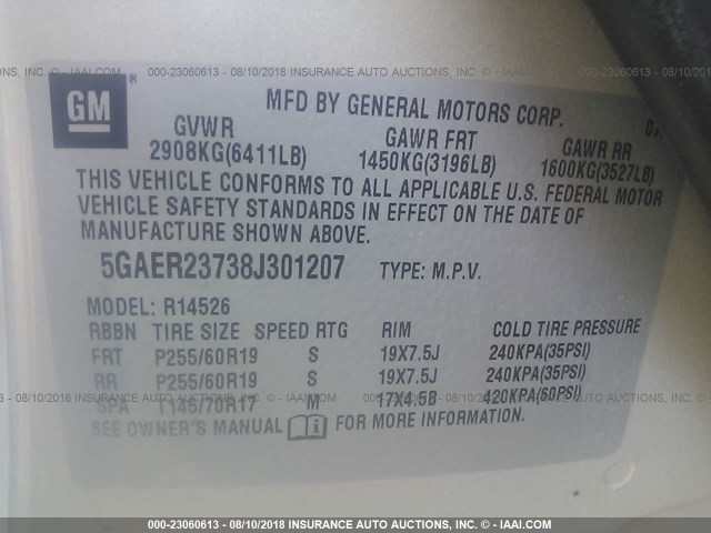 5GAER23738J301207 - 2008 BUICK ENCLAVE CXL Or photo 9