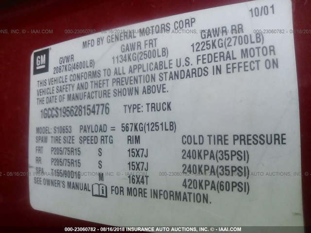 1GCCS195628154776 - 2002 CHEVROLET S TRUCK S10 RED photo 9