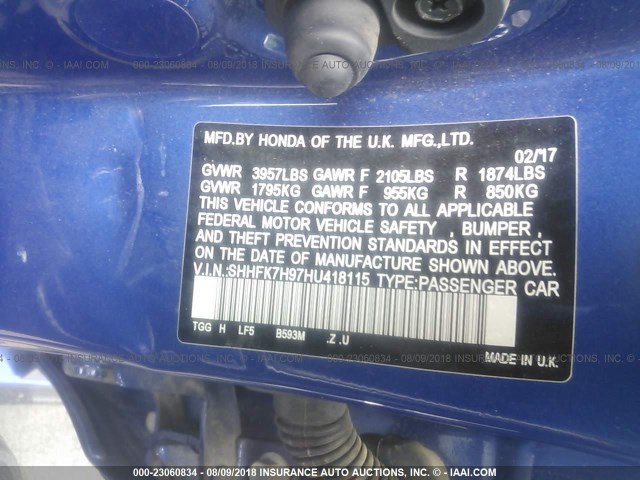 SHHFK7H97HU418115 - 2017 HONDA CIVIC SPORT TOURING Көк фото 9