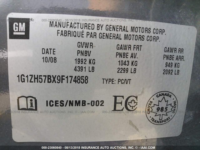 1G1ZH57BX9F174858 - 2009 CHEVROLET MALIBU 1LT ნაცრისფერი ფოტო 9