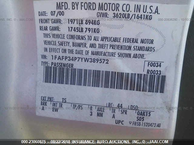 1FAFP34P7YW389572 - 2000 FORD FOCUS SE/SE COMFORT SILVER photo 9