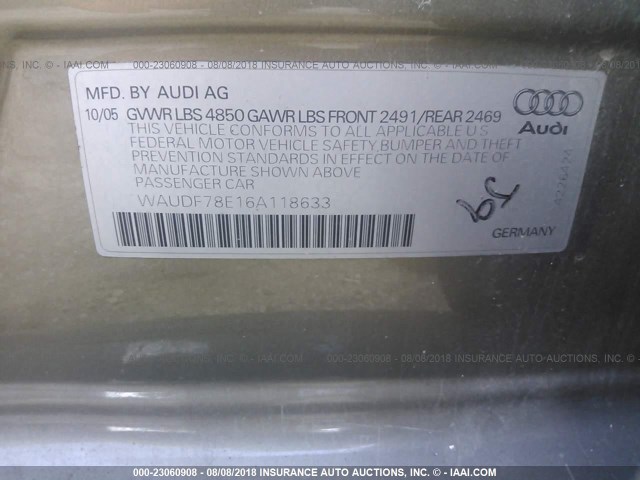 WAUDF78E16A118633 - 2006 AUDI A4 2.0T QUATTRO GRAY photo 9