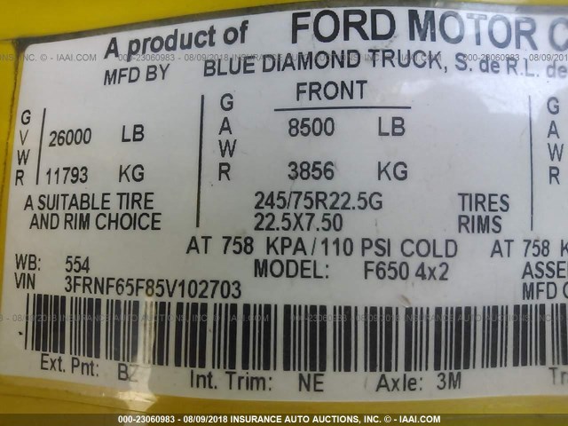 3FRNF65F85V102703 - 2005 FORD F650 YELLOW photo 9
