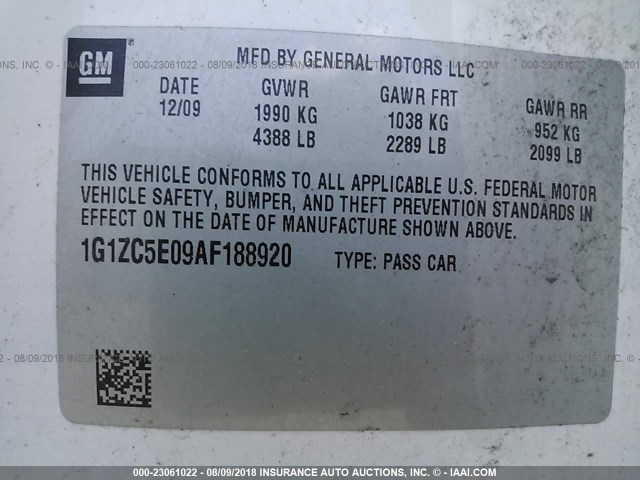 1G1ZC5E09AF188920 - 2010 CHEVROLET MALIBU 1LT თეთრი ფოტო 9