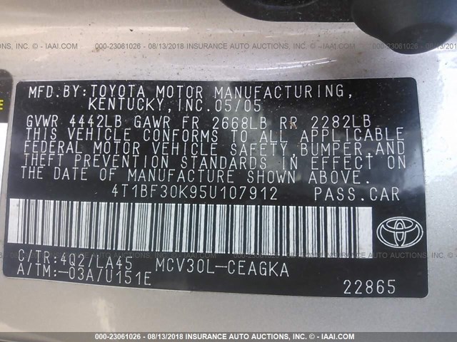 4T1BF30K95U107912 - 2005 TOYOTA CAMRY LE/XLE/SE 金色 照片 9