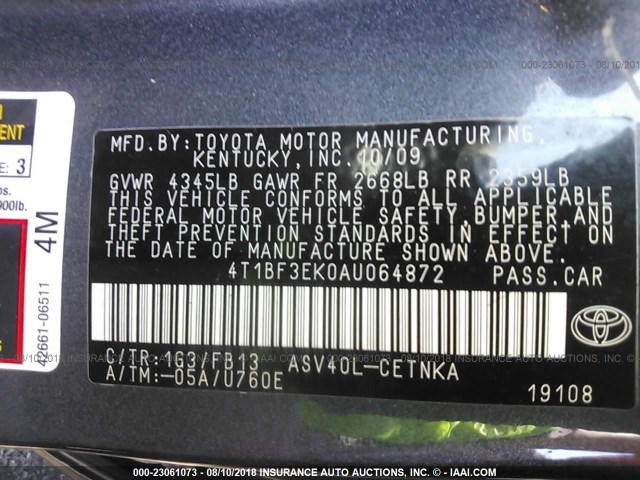 4T1BF3EK0AU064872 - 2010 TOYOTA CAMRY SE/LE/XLE 灰色 照片 9