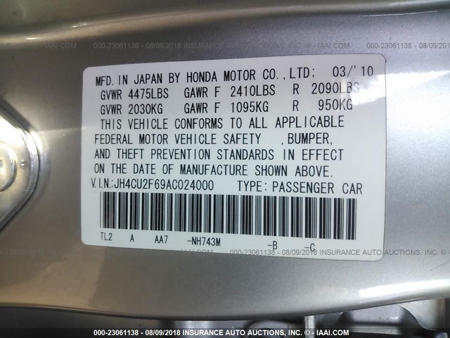 JH4CU2F69AC024000 - 2010 ACURA TSX SILVER photo 9