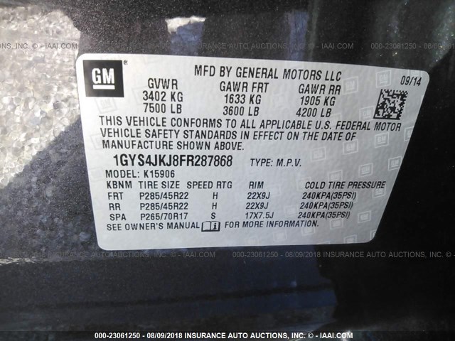 1GYS4JKJ8FR287868 - 2015 CADILLAC ESCALADE ESV PREMIUM GRAY photo 9