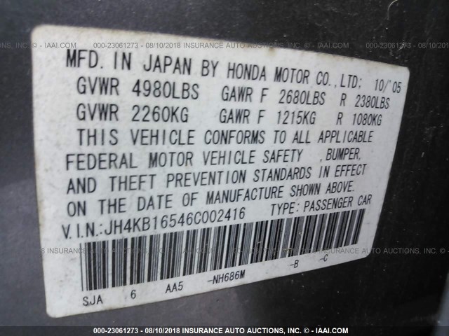 JH4KB16546C002416 - 2006 ACURA RL GRAY photo 9