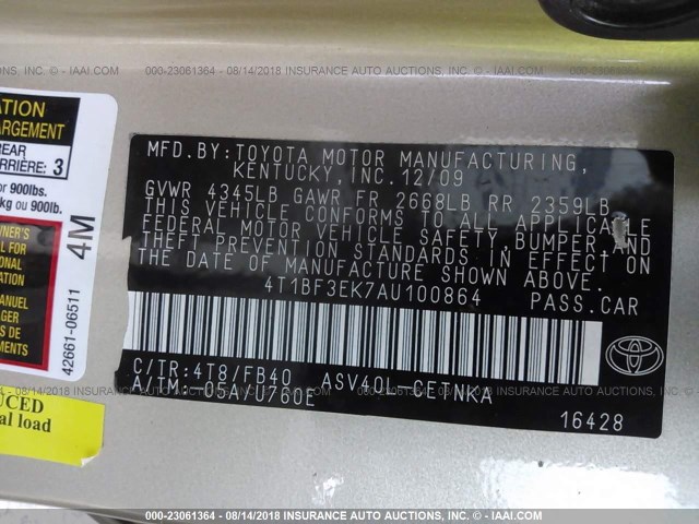 4T1BF3EK7AU100864 - 2010 TOYOTA CAMRY SE/LE/XLE 金色 照片 9