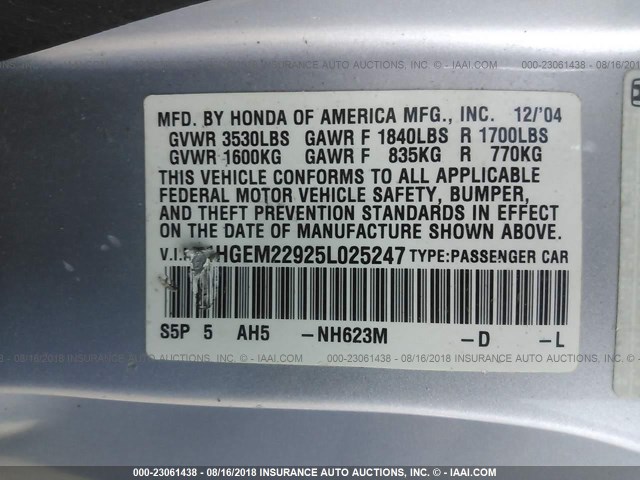 1HGEM22925L025247 - 2005 HONDA CIVIC EX SILVER photo 9