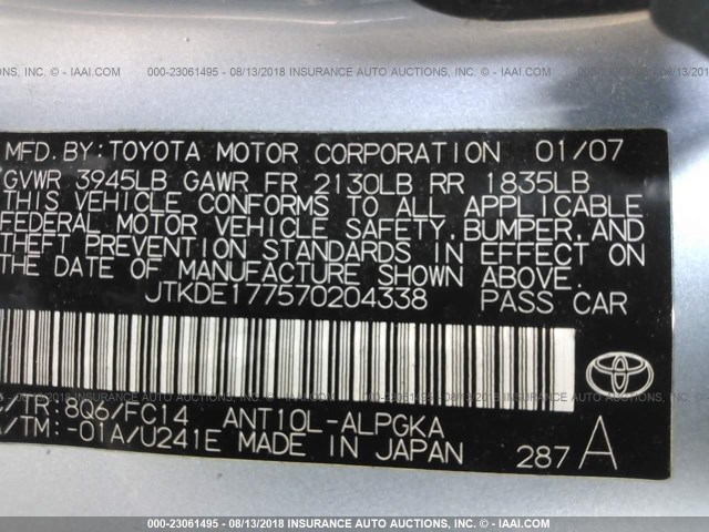 JTKDE177570204338 - 2007 TOYOTA SCION TC 浅蓝色 照片 9