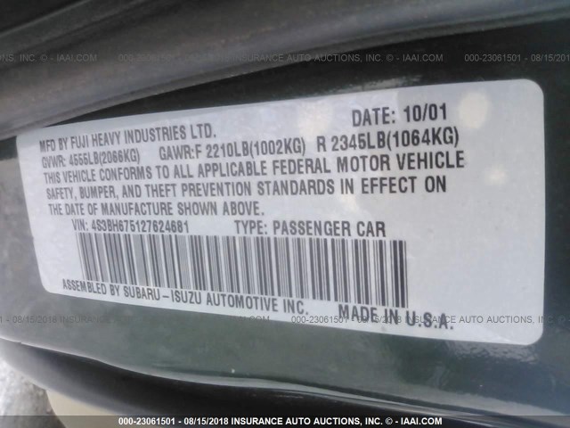 4S3BH675127624681 - 2002 SUBARU LEGACY OUTBACK AWP 绿色 照片 9