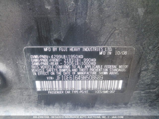 JF1GE61649H508689 - 2009 SUBARU IMPREZA 2.5I 黑色 照片 9