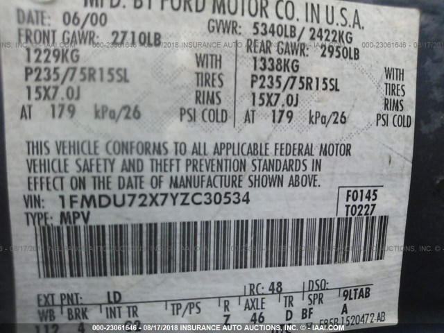 1FMDU72X7YZC30534 - 2000 FORD EXPLORER XLS BLUE photo 9