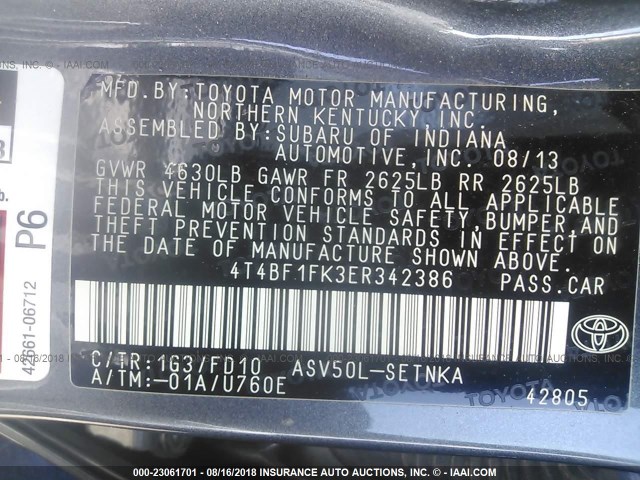 4T4BF1FK3ER342386 - 2014 TOYOTA CAMRY L/SE/LE/XLE 灰色 照片 9