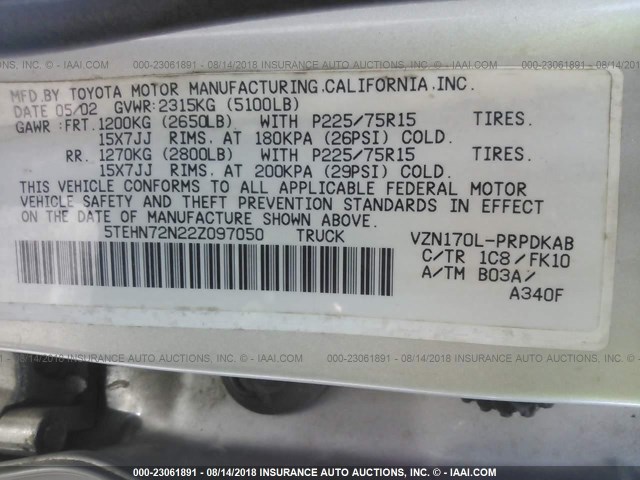 5TEHN72N22Z097050 - 2002 TOYOTA TACOMA DOUBLE CAB ვერცხლისფერი ფოტო 9