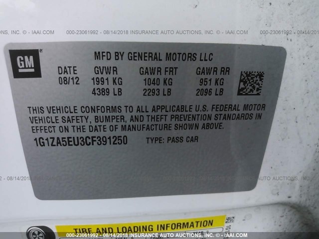 1G1ZA5EU3CF391250 - 2012 CHEVROLET MALIBU LS თეთრი ფოტო 9