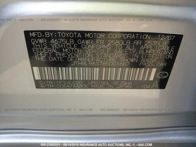 JTHBL96S785001687 - 2008 LEXUS GS 460 SILVER photo 9