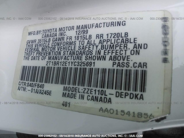 2T1BR12E1YC325691 - 2000 TOYOTA COROLLA VE/CE/LE 白色 照片 9