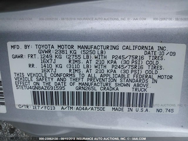 5TETU4GN8AZ691595 - 2010 TOYOTA TACOMA PRERUNNER ACCESS CAB SILVER photo 9