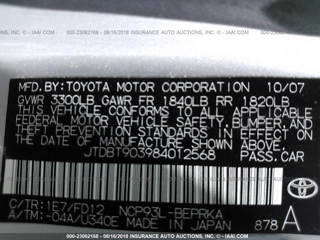 JTDBT903984012568 - 2008 TOYOTA YARIS SILVER photo 9