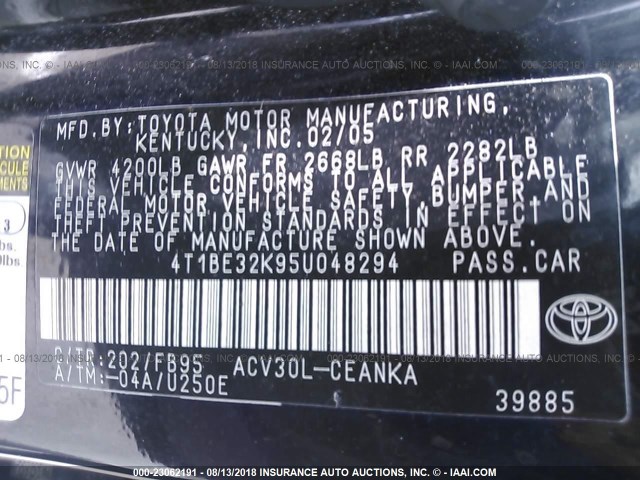 4T1BE32K95U048294 - 2005 TOYOTA CAMRY LE/XLE/SE BLACK photo 9